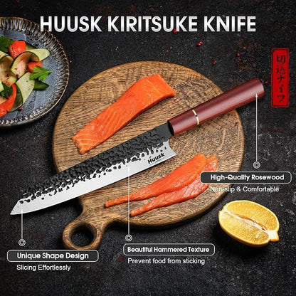 Huusk Japanese Kiritsuke Chef Knife - 8 Inch Kitchen Knives with Gift Box, Hand Forged High Carbon Steel Gyuto Knife, Ergonomic Wood Handle, Multipurpose Meat & Fish Cleaver, Ideal Cooking Gift