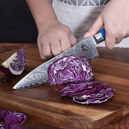 SAMCOOK Damascus Chef Knife - 8 Inch Professional Sharp Gyuto Knife - Japanese VG-10 High Carbon Stainless Steel Kitchen Cooking knife - Ergonomic Blue Resin Wood Handle with Gift Box