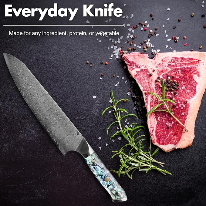 Miyake Chef Knife Santoku Knife 8.5 inch, Professional Kitchen Knife High Carbon Steel Sharp Blade with Abalone Shell Resin Handle, Gift Box Included