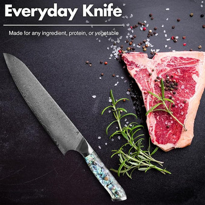 Miyake Chef Knife Santoku Knife 8.5 inch, Professional Kitchen Knife High Carbon Steel Sharp Blade with Abalone Shell Resin Handle, Gift Box Included