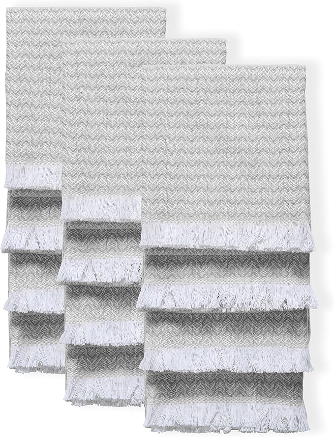 TWINY threads Kitchen Towel Chevron Design, Premium 100% Cotton Kitchen Linen Set, Large Dish Rags and Wash Rags, Absorbent Quick Drying, Washable Reusable, Pack of 12, 16"x26", Light Grey