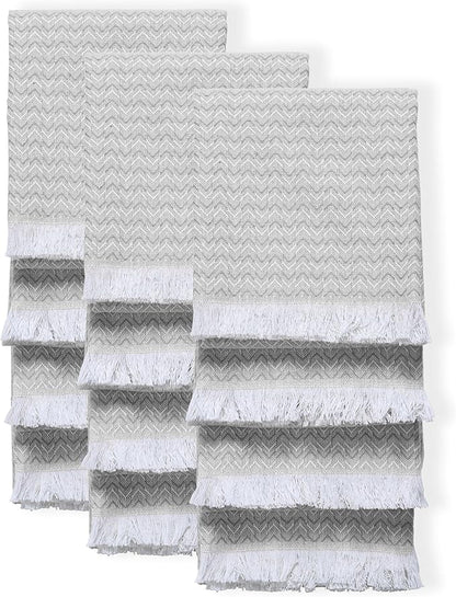 TWINY threads Kitchen Towel Chevron Design, Premium 100% Cotton Kitchen Linen Set, Large Dish Rags and Wash Rags, Absorbent Quick Drying, Washable Reusable, Pack of 12, 16"x26", Light Grey