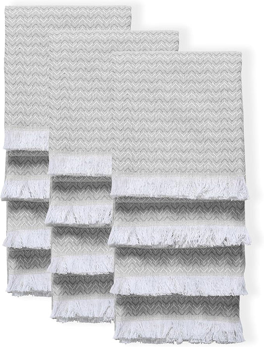TWINY threads Kitchen Towel Chevron Design, Premium 100% Cotton Kitchen Linen Set, Large Dish Rags and Wash Rags, Absorbent Quick Drying, Washable Reusable, Pack of 12, 16"x26", Light Grey