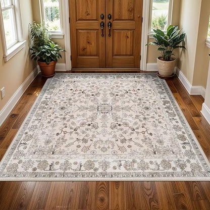 5x5 Square Washable Rug for Living Room: Non Slip Indoor Entryway Foot Carpet for Kitchen, Boho Soft Beige 5ftx5ft Low Pile Neutral Area Rug for Dining Room Bathroom (Beige, 5x5)