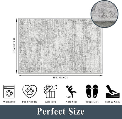 Washable Rug 2x3 for Entryway, Small Non-Slip Kitchen Throw Mat for Sink, Soft Low-Pile Stain & Fade-Resistant Indoor Mat for Pet Area & Bathroom (Grey/Ivory)