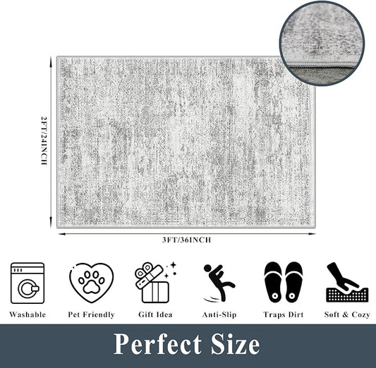 Washable Rug 2x3 for Entryway, Small Non-Slip Kitchen Throw Mat for Sink, Soft Low-Pile Stain & Fade-Resistant Indoor Mat for Pet Area & Bathroom (Grey/Ivory)