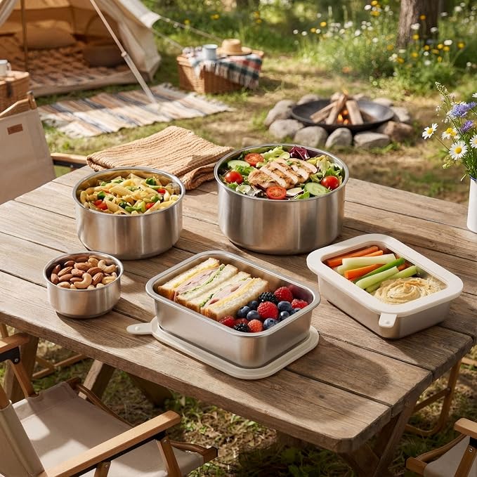 Stainless Steel Food Containers with Glass Lid, Airtight Leakproof Stainless Steel Storage Containers in set of 3, Rectangle Shape, Microwave Safe Food Storage Container Set, 100% Plastic Free