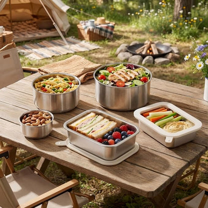 Stainless Steel Food Containers with Glass Lid, Airtight Leakproof Stainless Steel Storage Containers in set of 3, Rectangle Shape, Microwave Safe Food Storage Container Set, 100% Plastic Free