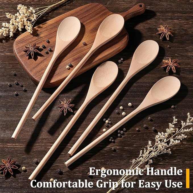 Cooking Wooden Spoons, MORGLES 14-Inch Serving Spoons for Stirring Mixing Serving Long Handle Plastic Free Reusable Non Scratch Dishwasher Safe, 5PCS