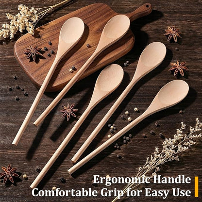12 Pcs Wooden Spoons for Cooking, MORGLES 14-Inch Serving Spoons for Stirring Mixing Serving Long Handle Plastic Free Reusable Non Scratch Dishwasher Safe