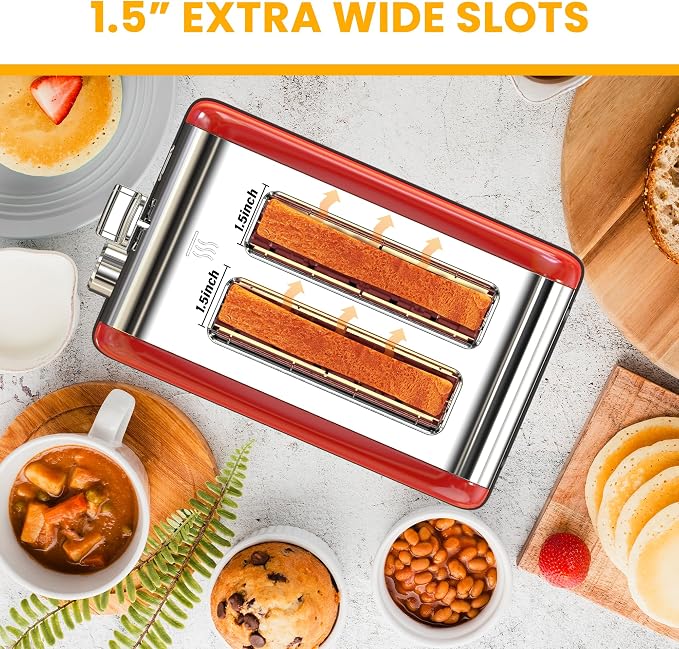 Simple Deluxe 2-Slice Toaster, 6 Browning Setting and 3 Function, Extra Wide Slot & Removable Crumb Tray, for Bread & Waffle, Red