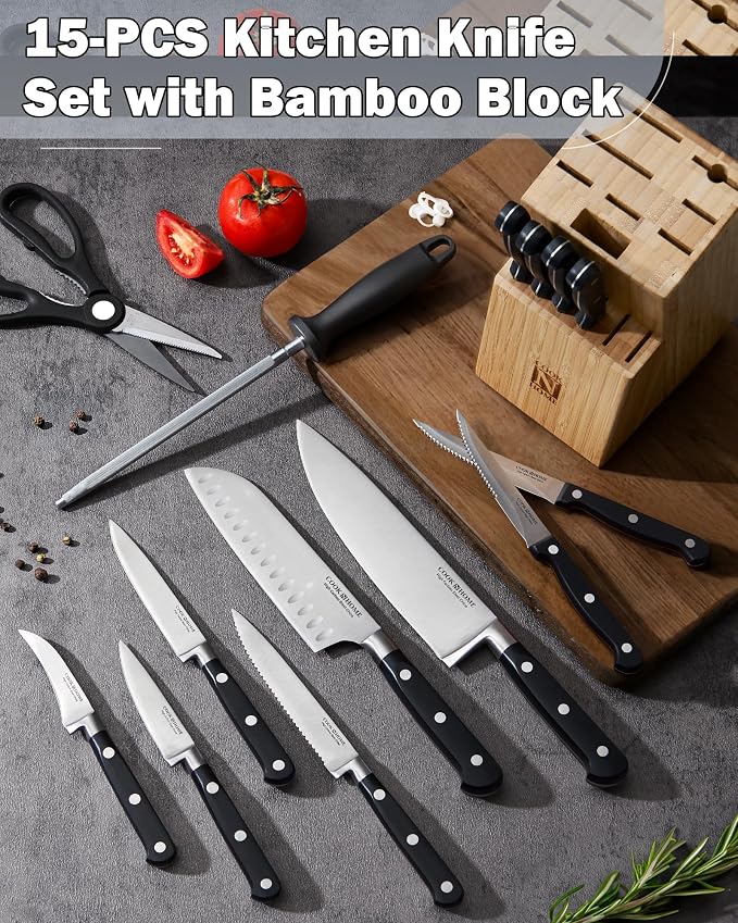 Cook N Home Basics Bamboo Kitchen Cutlery Block Set with Knifes, High Carbon Stainless Steel Blade, 15-Piece, Black