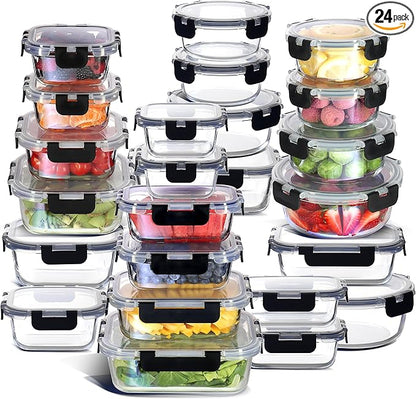 EATEX 48pc Glass Storage Containers with Lids, 24 Set Glass Food Storage Containers with 24 Airtight Lids, Pantry Kitchen Meal Prep Containers for Lunch, Freezer Storage Containers, Dishwasher Safe