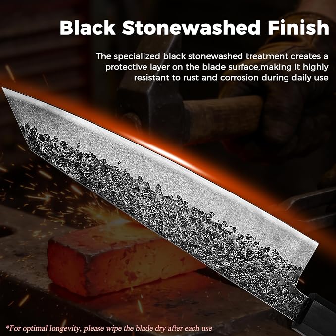Kitory 8'' Kiritsuke Chef Knife, Lightweight Japanese Kitchen Knife with Octagonal Ebony Wood Handle, Black Stonewashed High-Carbon Stainless Steel Blade, Anti-Rust and Durable Sharp Cooking Knife