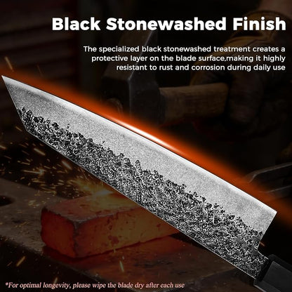 Kitory 8'' Kiritsuke Chef Knife, Lightweight Japanese Kitchen Knife with Octagonal Ebony Wood Handle, Black Stonewashed High-Carbon Stainless Steel Blade, Anti-Rust and Durable Sharp Cooking Knife