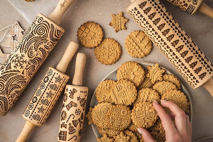 CHRISTMAS FUN 3 Kid Rolling Pin Set. Wooden Laser Cut Embossing Cut Mini Rolling Pins for Embossed Cookies. Gift for Kid, Friend, Christmas by Algis Crafts