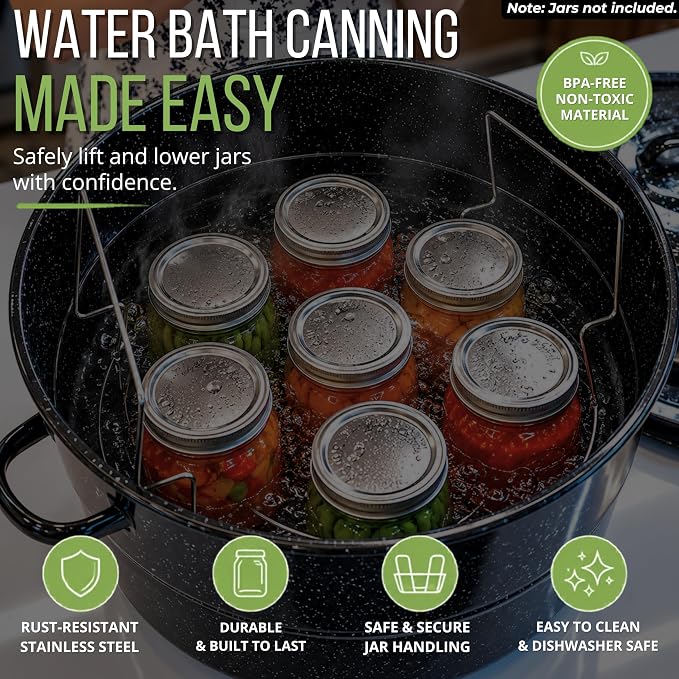 Supa Ant Complete Canning Supplies Starter Kit – 10pc Food-Grade Steel Set with XL Ladle, 6 Measuring Cups, Jar Lifter, Funnel, Canning Rack (7-Jar Capacity) & 90 Labels – Beginner-Friendly, Black