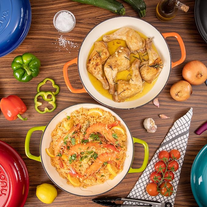 Shallow Cast Iron Casserole with Lid – Non Stick Dutch Oven Pot, Oven Safe up to 500° F – Sturdy Ovenproof Stockpot Cookware – Enamelled Cooking Pot – Orange, 3.7-Quart, 30cm – by Nuovva