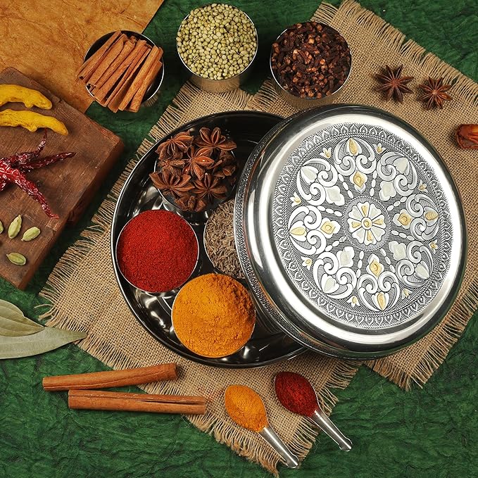 KSJONE Designer Spice Box, 7 Spice Jars, Holds 7 Spices, Steel Spice Container with 7 Spoons, Storage for Spices and dryfruits Indian Masala Dabba Gifts for Women, Mothers Day Gifts for Mom (8 Inch)