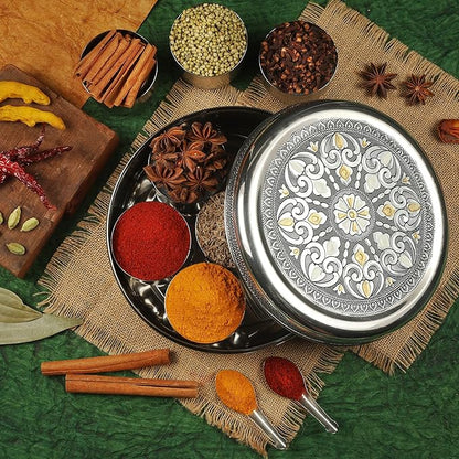 KSJONE Designer Spice Box, 7 Spice Jars, Holds 7 Spices, Steel Spice Container with 7 Spoons, Storage for Spices and dryfruits Indian Masala Dabba Gifts for Women, Mothers Day Gifts for Mom (8 Inch)