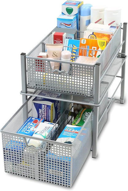 Deco Brothers Stackable Pull Out Cabinet Sliding Basket with Dividers, Large, Silver