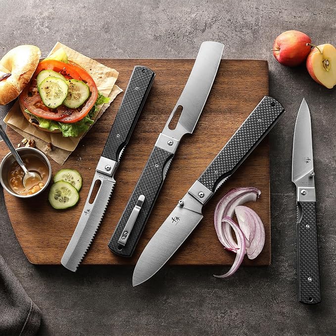 SENBON 440 stainless steel sharp set folding chef knife fruit knife carbon fiber handle camping barbecue outdoor portable kitchen knife with back clip