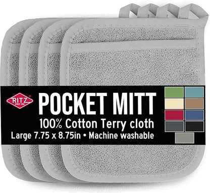 RITZ Terry Pocket Mitt & Hot Pad: Unparalleled Heat Resistant, Durable 100% Cotton – Ergonomically Designed for Optimal Grip – Easy-Care Machine Washable – 4-Pack, Titanium Grey