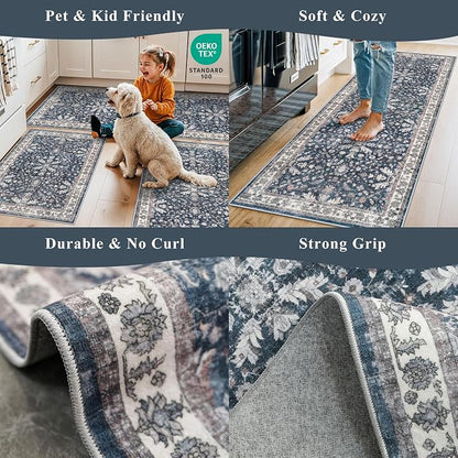 Washable Hallway Runner Rug 2x10: Non Slip Vintage Boho Carpet with Rubber Backing for Kitchen Entryway Hall Holiday Farmhouse Neutral Cream Long Runners (Blue,2'x10')