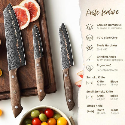 Wakoli Kawa Damascus Kitchen Knife Set, 3-Piece Professional Chef Knife Set with Copper Inlay | 67-Layer Damascus Steel with VG10 Core | Maple Stabilized Wood Handles | Gift Box