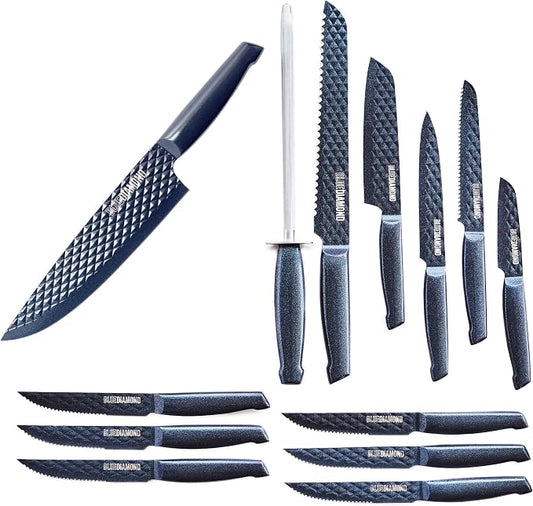 Blue Diamond Sharp Stone 14 Piece Knife Block Set, PFAS-Free Nonstick Diamond Textured Stainless Steel Blades, Rust Resistant Kitchen Cutlery, Chef & Steak Knives, Dishwasher Safe, Navy
