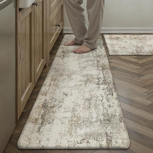 Kitchen Mats for Floor Set of 2 Anti Fatigue Waterproof Kitchen Rug Brown Grey Abstract Cushioned Non-Slip Kitchen Mats Comfort Standing Neutral Mat for Sink Laundry Office 17.3"×59"+17.3"×30"