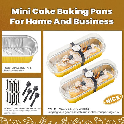 NPLUX Mini Loaf Pans with Lids and Spoons Rectangular Aluminum Foil Baking Pans Mini Cheesecake Containers 6.8oz, Graduation Gifts Party Favors(60 Pack, Gold)