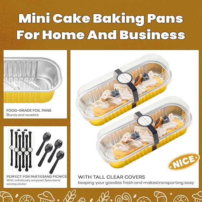 NPLUX Mini Loaf Pans with Lids and Spoons Rectangular Aluminum Foil Baking Pans Mini Cheesecake Containers 6.8oz, Graduation Gifts Party Favors(120 Pack, Gold)