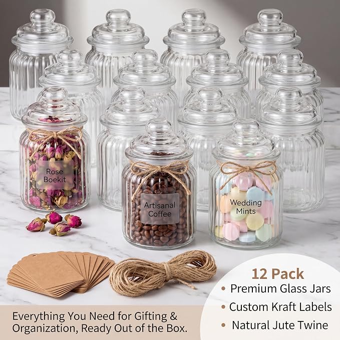 TOPZEA 12 Pack Glass Favor Jars with Airtight Lids, 8 oz Clear Apothecary Jar Decorative Vintage Kitchen Storage Canister for Cookie, Candy, Sugar, Spice, Wedding Easter Favor, Candle, Vertical Ribbed