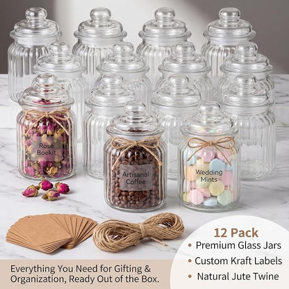 TOPZEA 12 Pack Glass Favor Jars with Airtight Lids, 8 oz Clear Apothecary Jar Decorative Vintage Kitchen Storage Canister for Cookie, Candy, Sugar, Spice, Wedding Easter Favor, Candle, Vertical Ribbed
