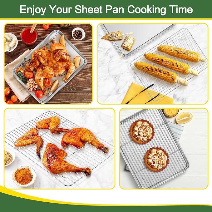 E-far Baking Sheet with Cooling Rack Set (3 Pans + 3 Racks), 16/12.5/9.3 Inch Stainless Steel Cookie Sheets Baking Pans and Wire Rack for Oven, Non Toxic & Easy Clean