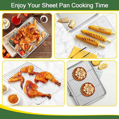 E-far Baking Sheet with Cooling Rack Set (3 Pans + 3 Racks), 16/12.5/9.3 Inch Stainless Steel Cookie Sheets Baking Pans and Wire Rack for Oven, Non Toxic & Easy Clean
