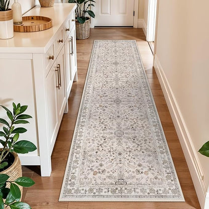 2x10 ft Hallway Runner Rug Washable – Boho Floral Non Slip Long Carpet Runner for Kitchen Entryway Bedroom Living Room, Soft Low-Pile Thin Floor Area Rug (Beige, 2x10)