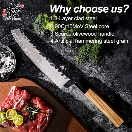 Santoku Knife 7 Inch, Japanese Hand Forged High Carbon Steel Kitchen Knife with Natural Olive Wood Octagonal Handle, Multipurpose Chef Knife for Slicing Dicing Mincing & Gift Box
