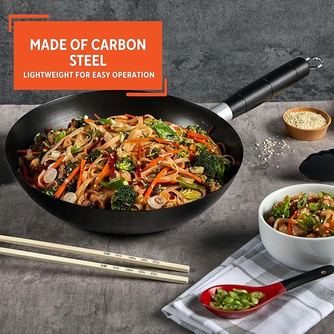 IMUSA Carbon Steel Nonstick Wok 9.5 in Flat Bottom Wok Pan for Electric Stove with Cool Touch Handle, Black Coating, Lightweight Steel Wok for Stir Fry and Fried Rice