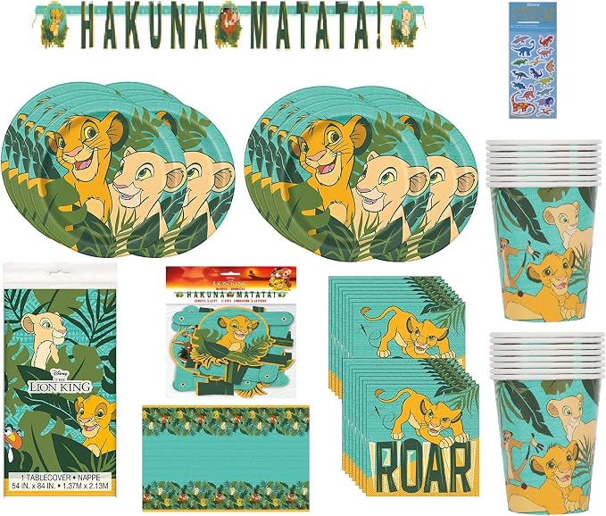 Lion King Birthday Party Baby Shower Supplies Bundle Pack includes 16 Lunch Dinner Plates, 16 Napkins, 16 Cups, 1 Table Cover, 1 Banner