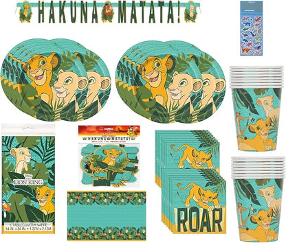 Lion King Birthday Party Baby Shower Supplies Bundle Pack includes 16 Lunch Dinner Plates, 16 Napkins, 16 Cups, 1 Table Cover, 1 Banner