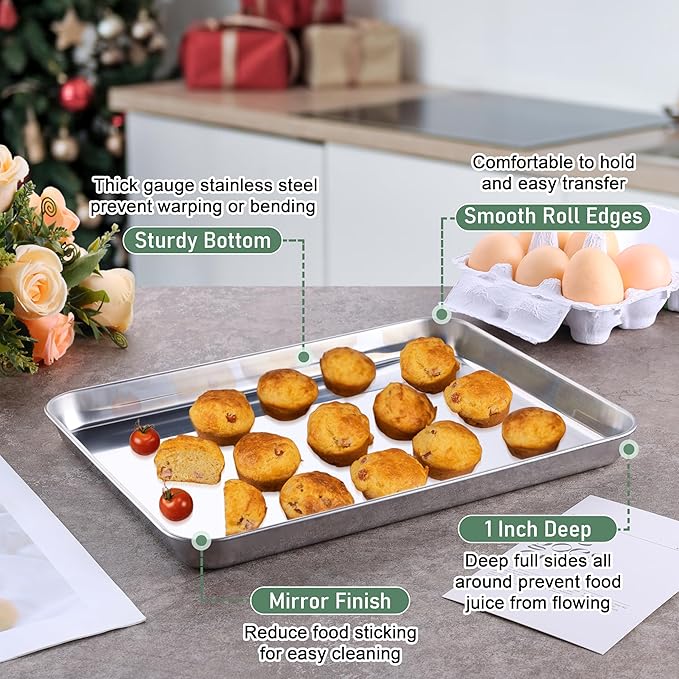 Homikit Quarter Sheet Pan with Wire Rack Set (2 Baking Sheets+2 Racks), Stainless Steel Baking Tray with Grid Cooling Rack for Toaster Oven Roasting, Metal Bacon Cookie Jelly Roll Pan, 12" x 10" Inch