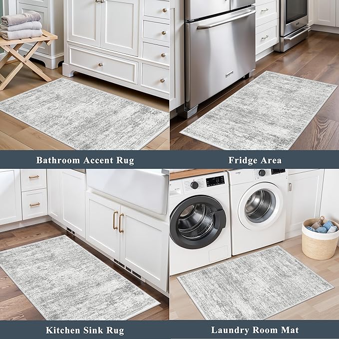 Kitchen Mats for Floor 2 Piece, Non Slip Washable Kitchen Rugs Sets for Floor, Soft Low Pile Kitchen Area Rug for Kitchen Sink Laundry Entryway (Grey Ivory, 2x3+2x4)
