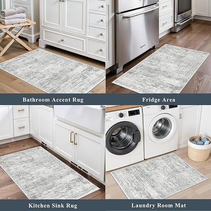 Kitchen Mats for Floor 2 Piece, Non Slip Washable Kitchen Rugs Sets for Floor, Soft Low Pile Kitchen Area Rug for Kitchen Sink Laundry Entryway (Grey Ivory, 2x3+2x4)