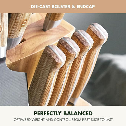 GreenPan Elite 13 Piece Wooden Knife Block Set, Professional Stainless Steel Blades with Titanium Coating, Ultra-Sharp Kitchen Cutlery, Chef, Santoku, Bread & Steak Knives, Ergonomic Light Wood Handle