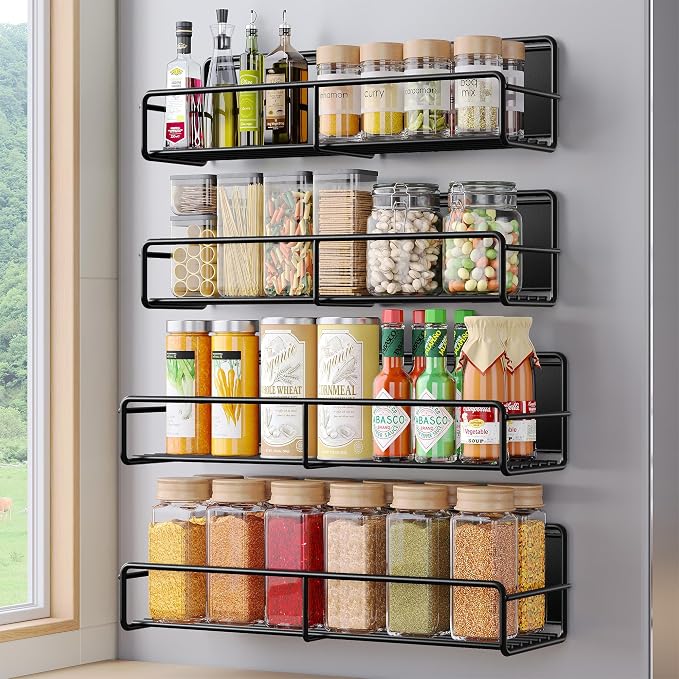 Mystozer 4 Pack Magnetic Spice Rack for Refrigerator, Magnetic Shelf Fridge Organizer for Kitchen Storage, Black