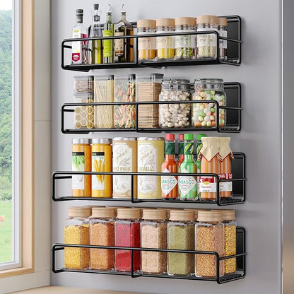 Mystozer 4 Pack Magnetic Spice Rack for Refrigerator, Magnetic Shelf Fridge Organizer for Kitchen Storage, Black