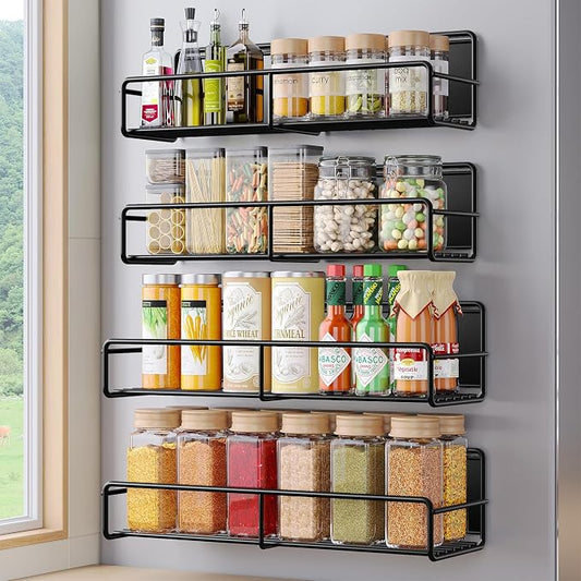 Mystozer 4 Pack Magnetic Spice Rack for Refrigerator, Magnetic Shelf Fridge Organizer for Kitchen Storage, Black