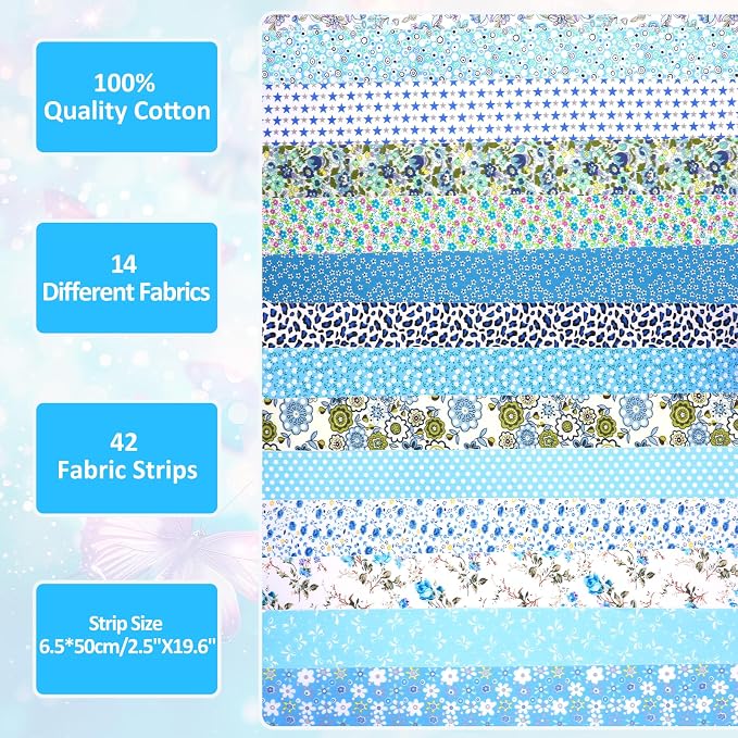 42Pcs Jelly Roll Fabric Strips Soft Cotton Quilting Fabric 2.5 x 20 Inch Pre-Cut Cotton Strips Bundles for Quilting Crafting and Sewing(Blue)